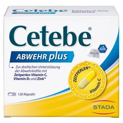 Verpackung von Cetebe Abwehr plus Kapseln mit Vitamin C, Vitamin D3 und Zink.
